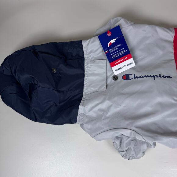 Champion Raincoat Hooded Packable Dog's Jacket Size Large Red Grey Navy NWT - Picture 3 of 8